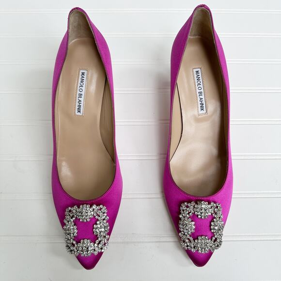 Manolo Blahnik Hangisi 70 Magenta Purple Satin Crystal Buckle Pumps Heels 41 - Picture 9 of 9